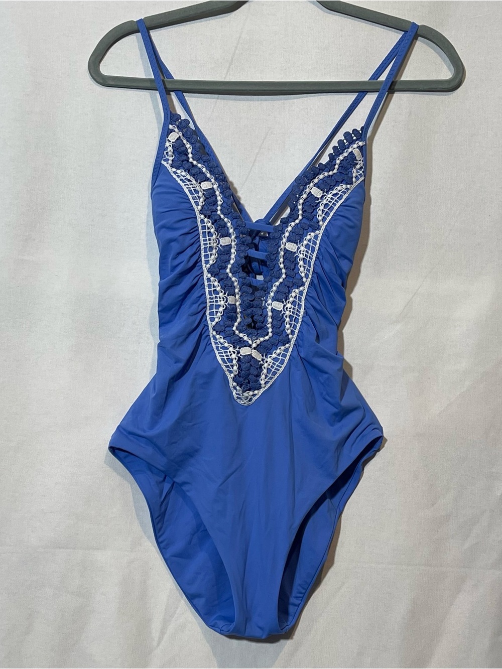 BECCA by Rebecca Virtue Delilah Clare Plunge Crochet One Piece Swimsuit Blue M